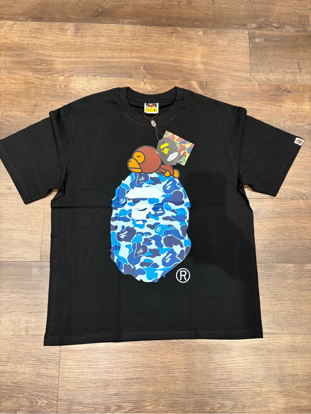 Bape Black Short Sleeve Tee with Blue Camo Ape Head